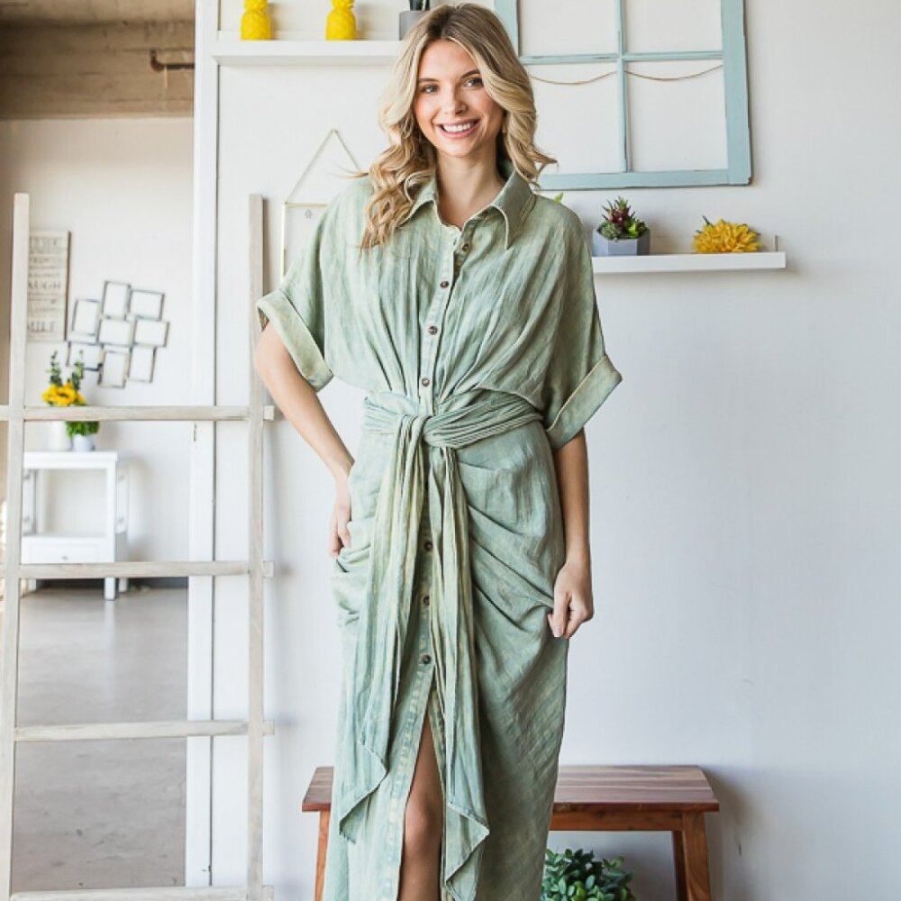 Mint Wash Short Sleeve Button Down Dress